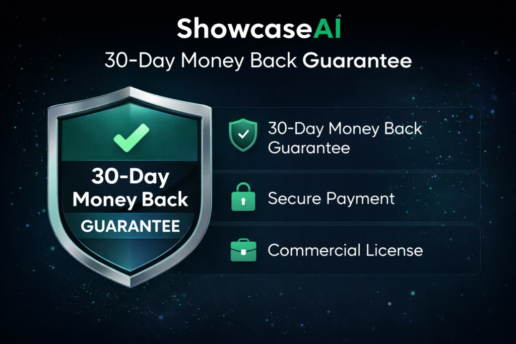 Showcase AI guarantee and trust badges with secure payment and refund policy
