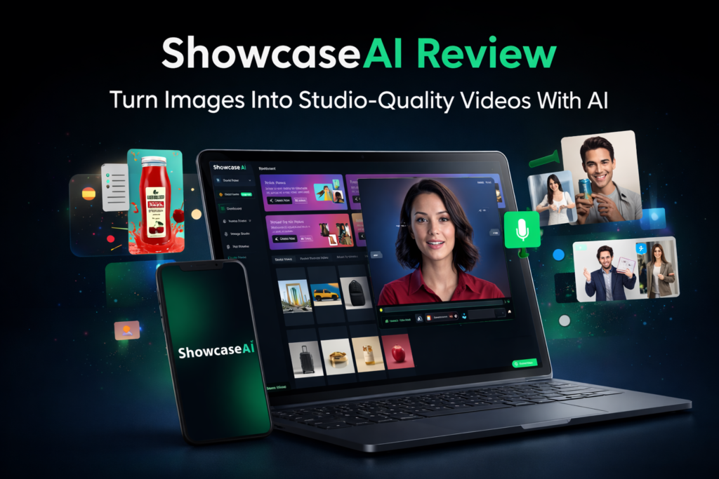 Showcase AI review hero image showing AI video creation platform